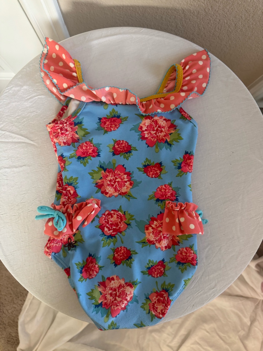 Matilda Jane Blue Floral One-Piece Swimsuit with Coral Ruffle